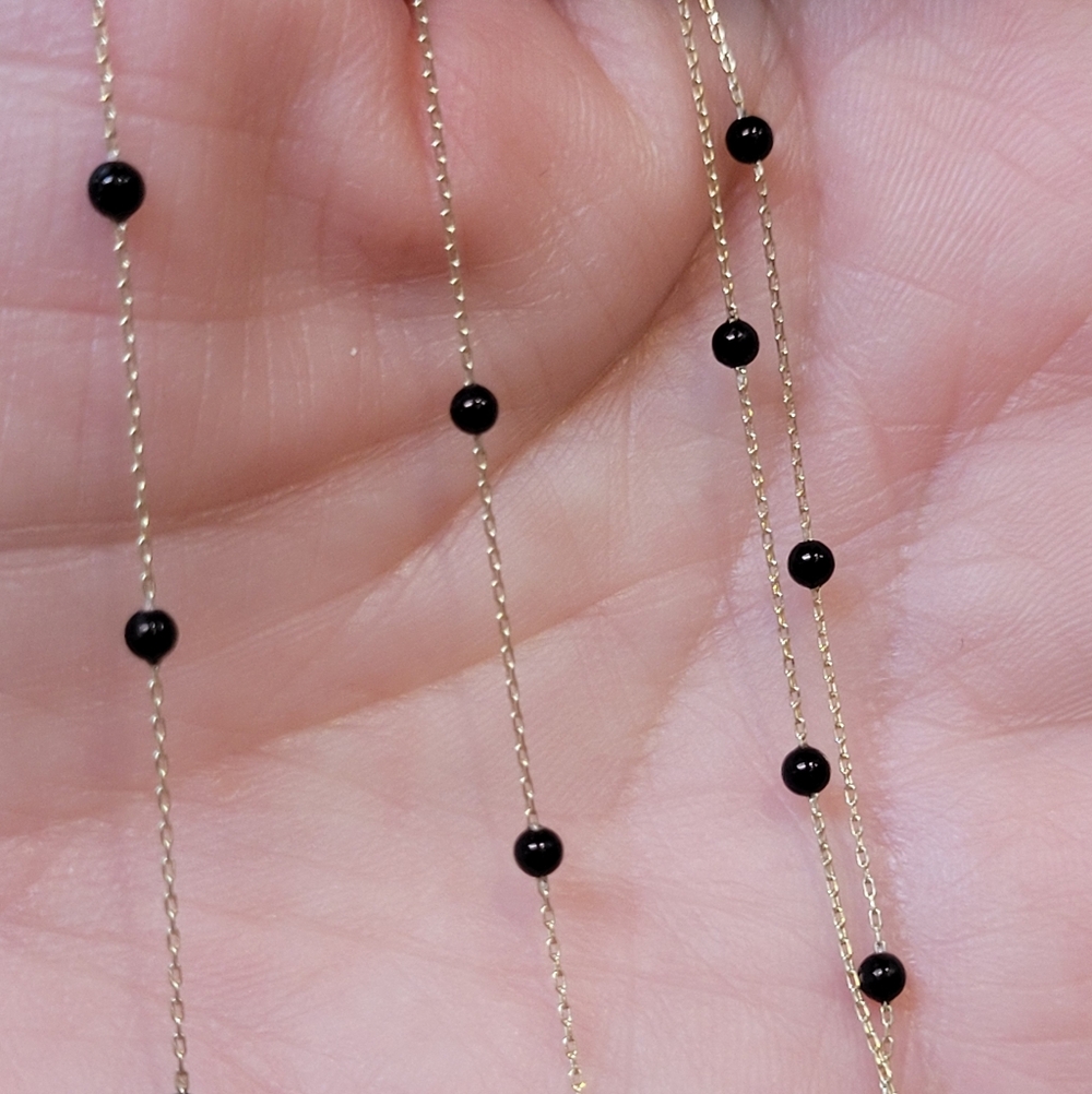 14k Solid Yellow Gold (Stamped 585) Necklace with Black Onyx Beads, 18.5" L.